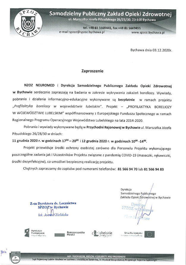 Zaproszenie na badania  w zakresie wykrywania zakażeń boleriozy