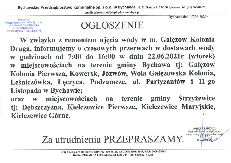 informacja o przerwie w dostawie wody