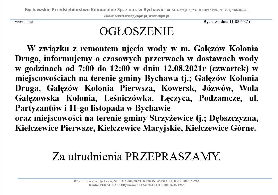 Informacja o przerwie w dostawie wody